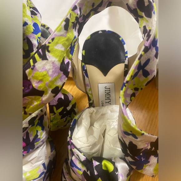 Jimmy Choo Multicolor Floral Print Satin Kris Knot Heels Size 37 - Picture 10 of 11
